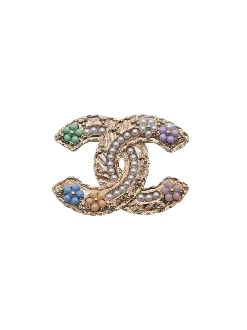 Chanel CC Logo Brooch Faux Pearl Flower Motif Metal Gold